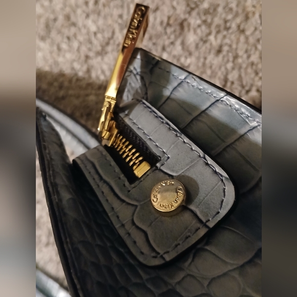 💙 Calvin Klein Croc Embossed Satchel Tote Blue Gray Leather Bag Large - Picture 6 of 16